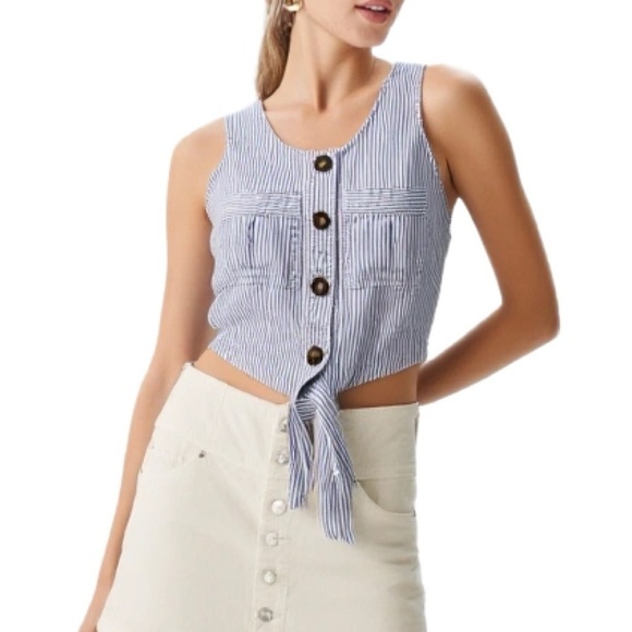 Dex Tops - Dex Blue and White Pin Stripe Striped Sleeveless Crop Top with Tie Size XS